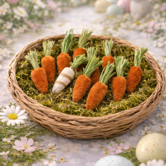 Wicker basket with felted carrots on a bed of moss, Easter eggs, and flowers in the background.