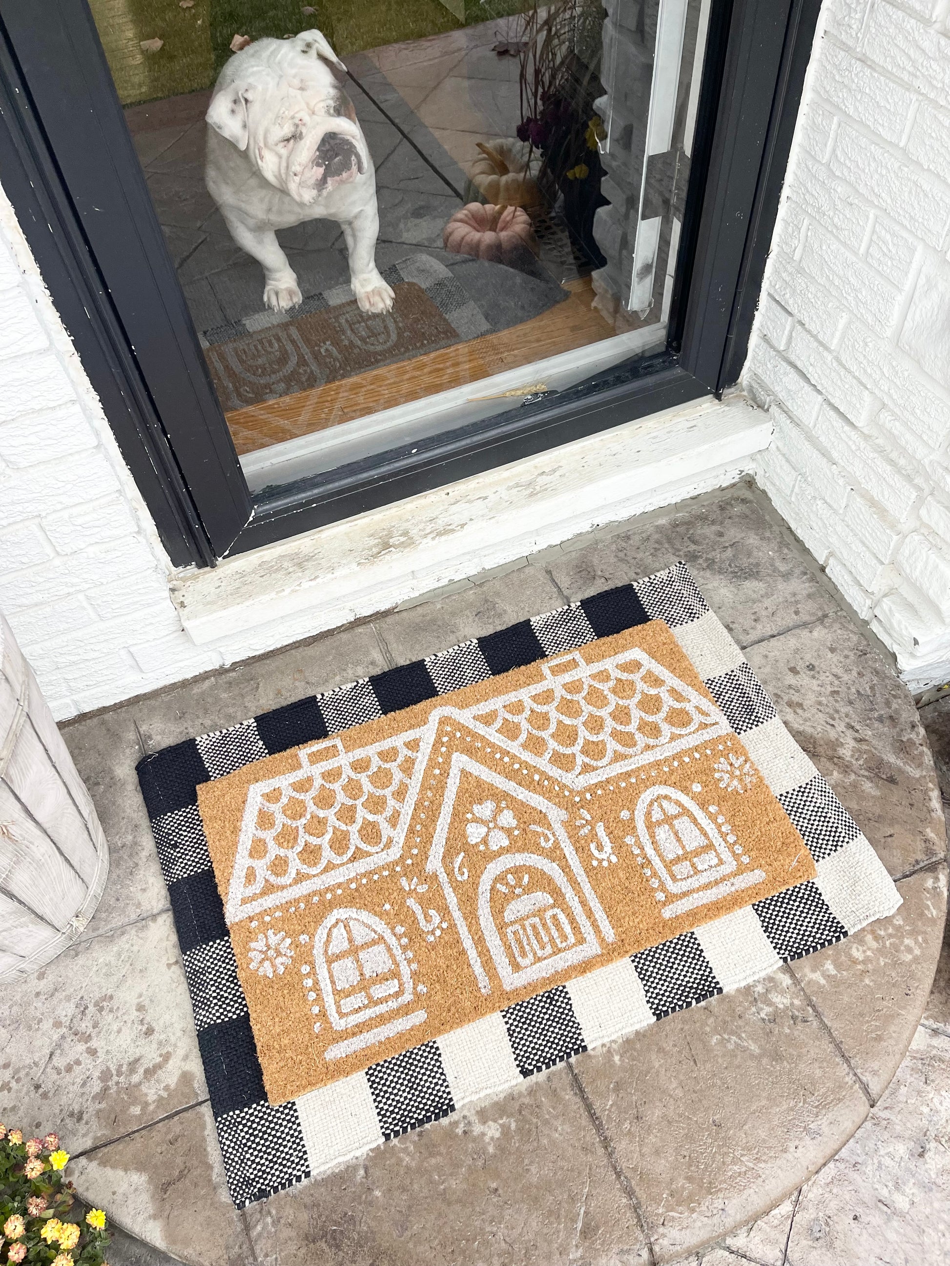 Gingerbread House Husk Mat with Buffalo Plaid Doormat Underlay - The Scented Market     
