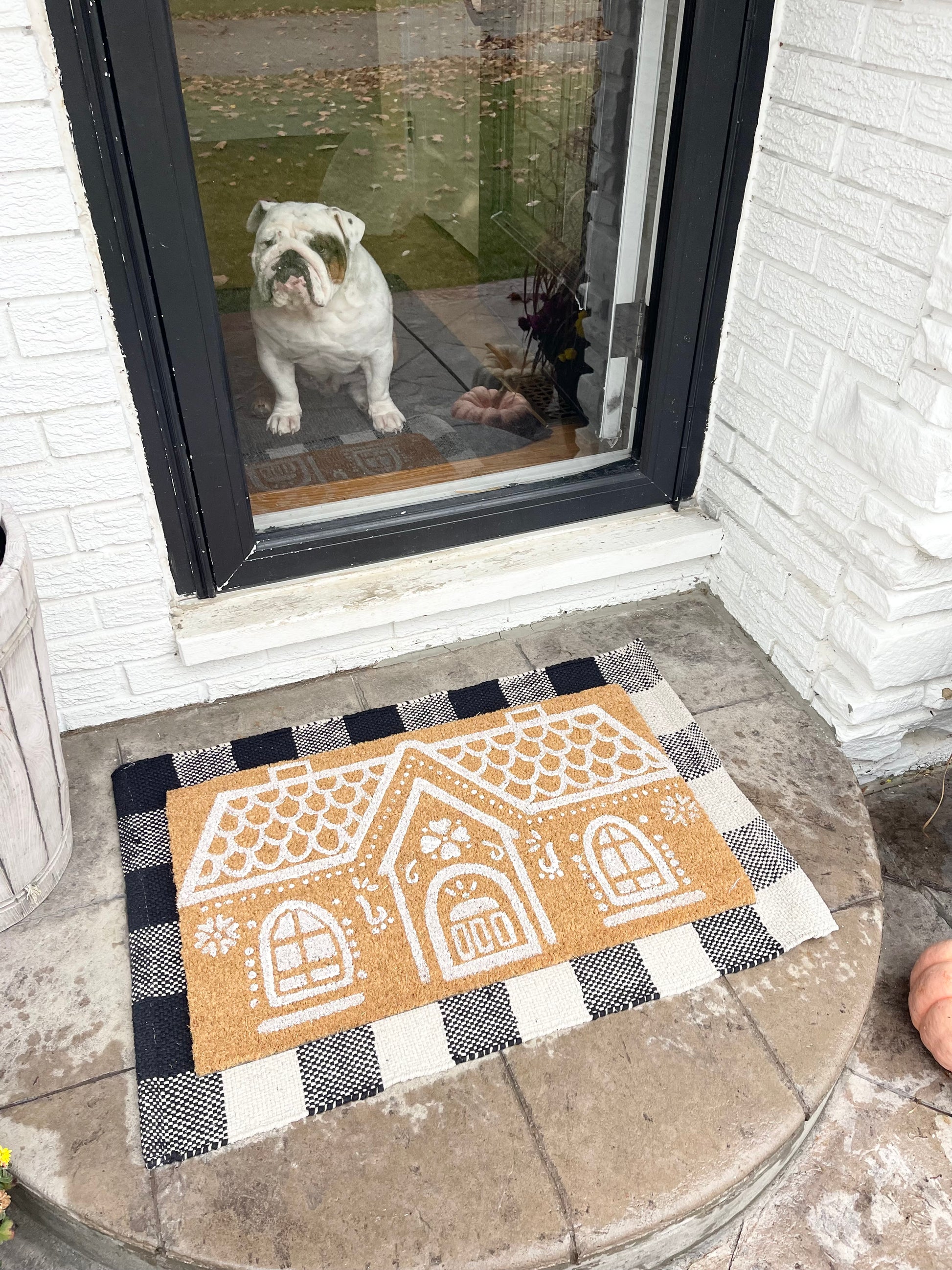 Gingerbread House Husk Mat with Buffalo Plaid Doormat Underlay - The Scented Market     