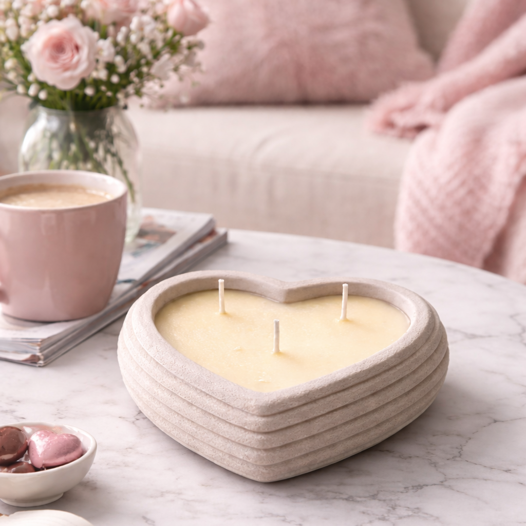 Heart-shaped candle on a marble table with a cup, notebook, and flowers in the background.