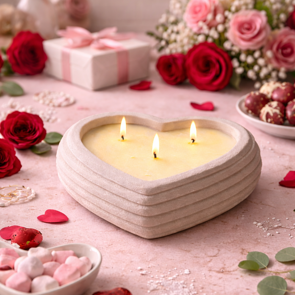 Heart-shaped candle on a table with flowers, gift, and candies