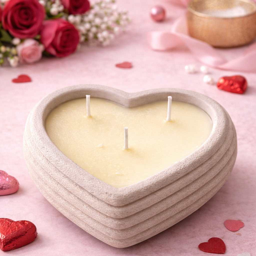 Heart-shaped candle with three wicks on a pink background with flowers and heart decorations.