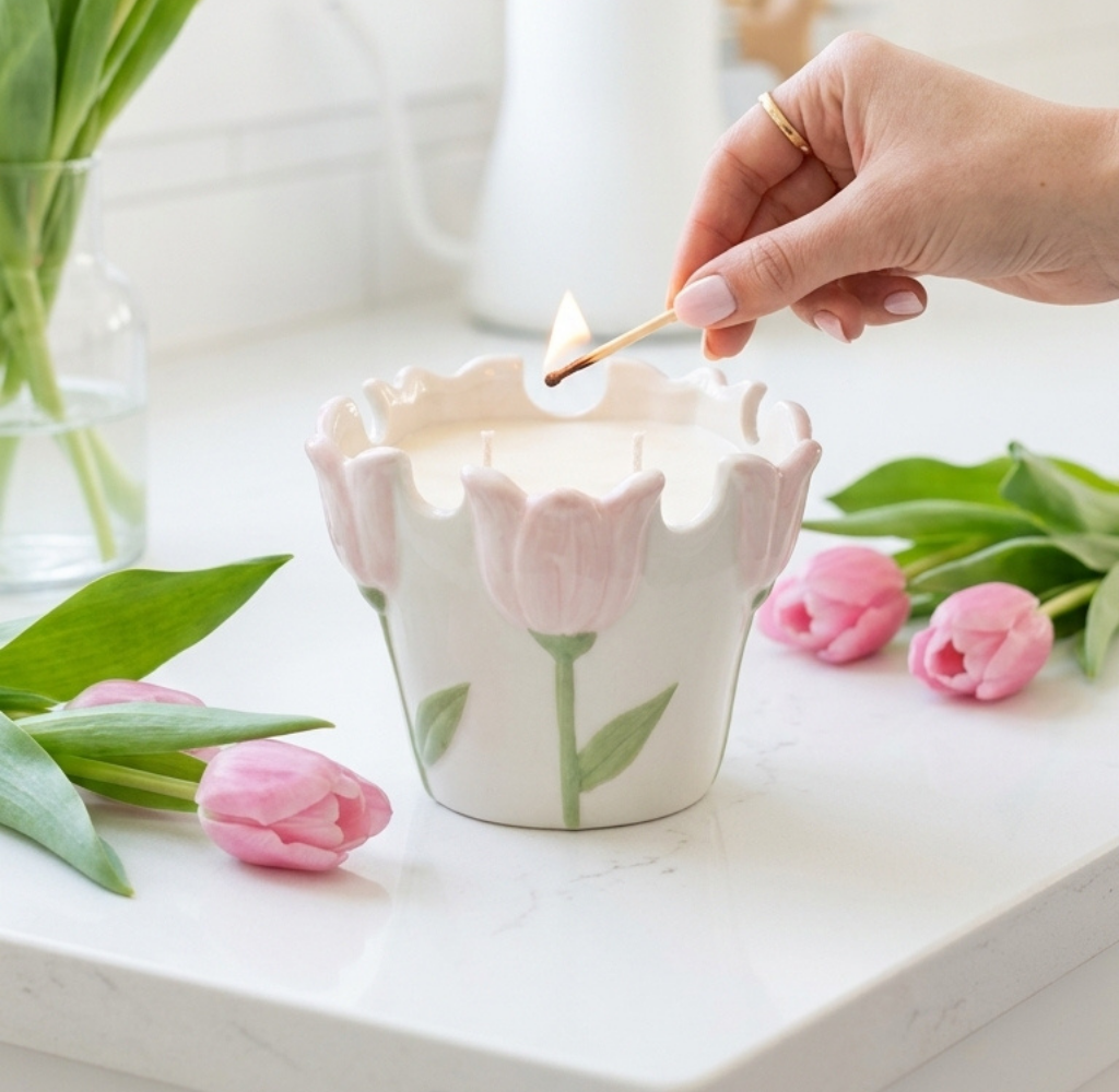 PRETTY IN PINK Tulip Planter with 2 Wick Soy Candle
