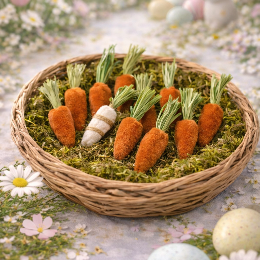 Wicker basket with felted carrots on a bed of moss, Easter eggs, and flowers in the background.