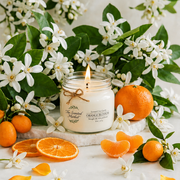Candle with orange fragrance surrounded by flowers, oranges, and orange slices on a light background