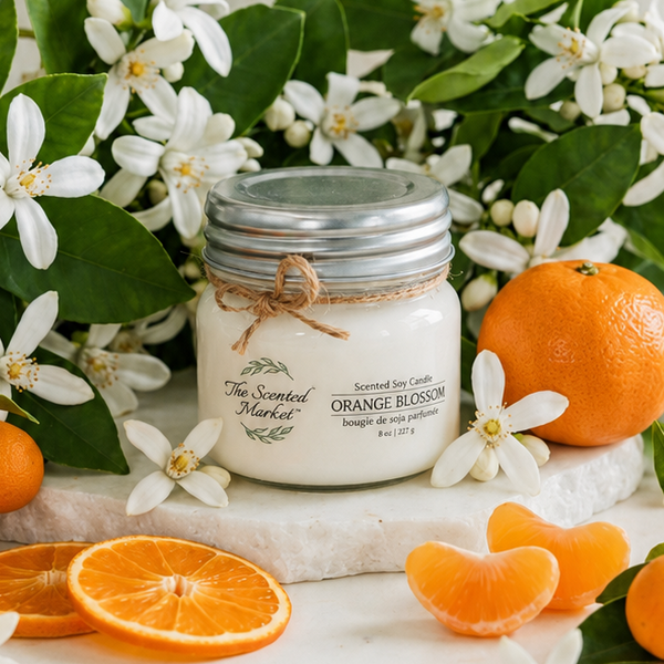 Jar of body scrub with oranges and flowers on a light background