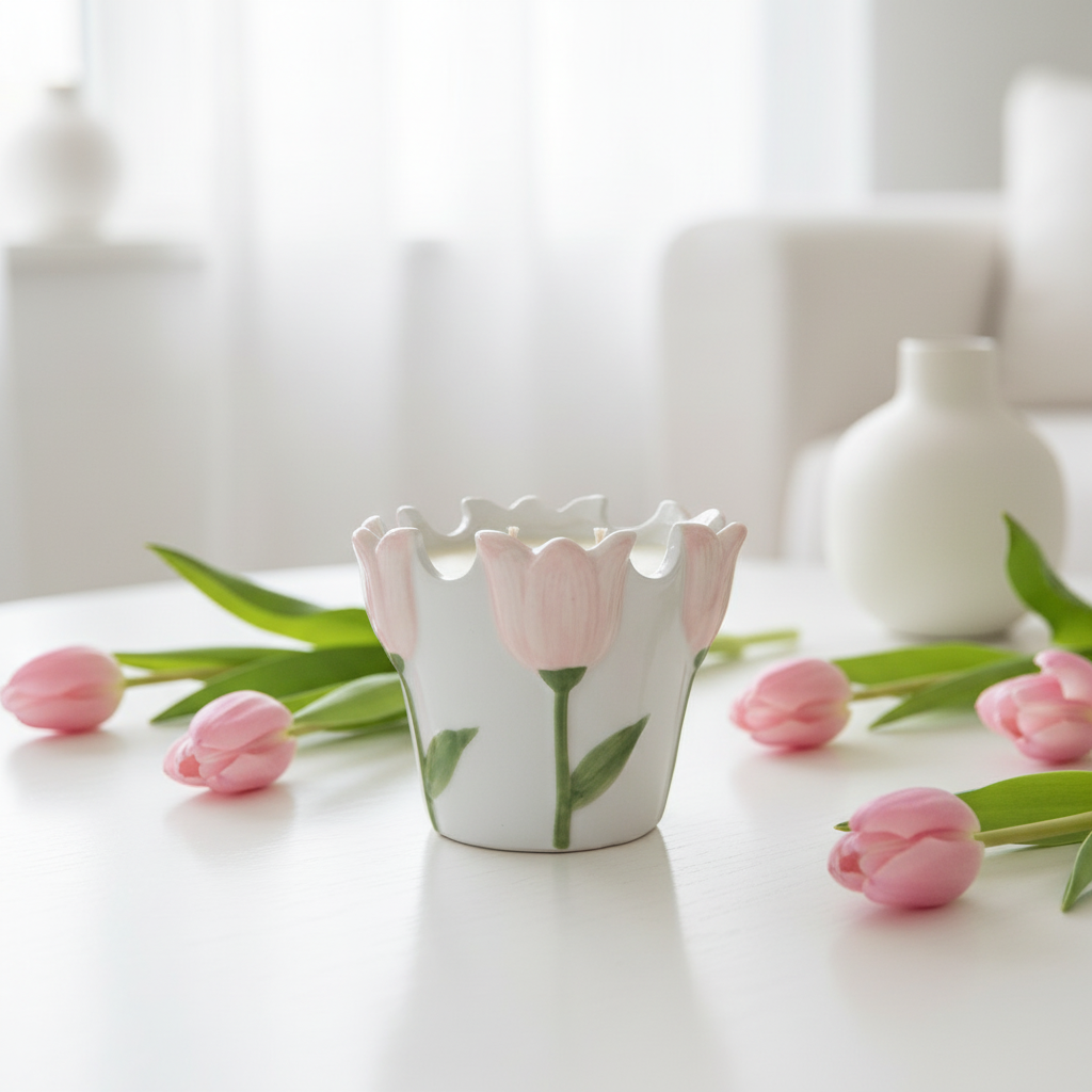 White ceramic flower pot with pink floral design on a white surface with pink tulips.