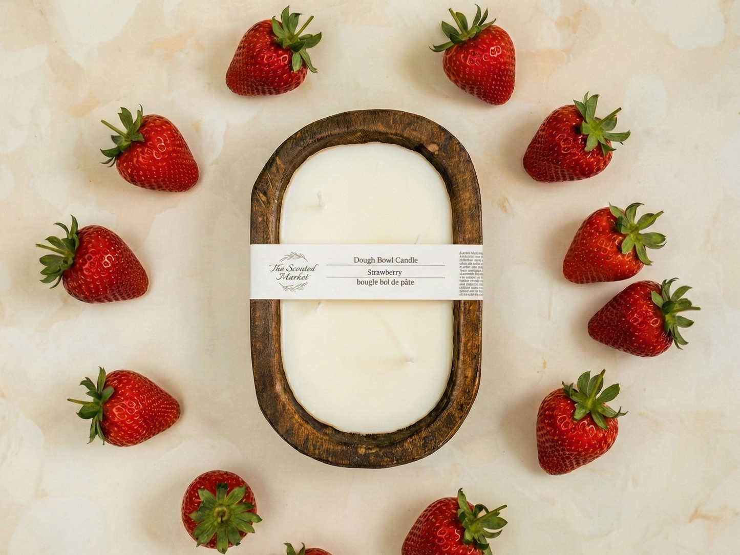 STRAWBERRY Brown Oval 4 Wick Dough Bowl Soy Candle