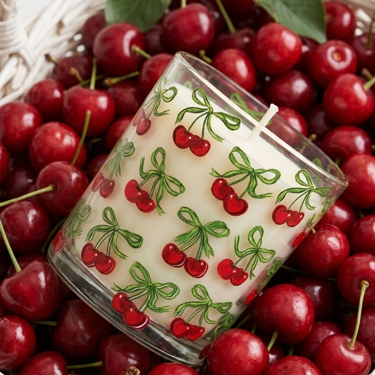 A cherry-themed jar candle with a white wax body and green-and-red cherry print, nestled inside a white wicker basket filled with fresh red cherries.