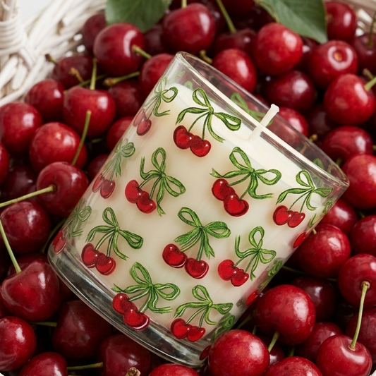 A cherry-themed jar candle with a white wax body and green-and-red cherry print, nestled inside a white wicker basket filled with fresh red cherries.