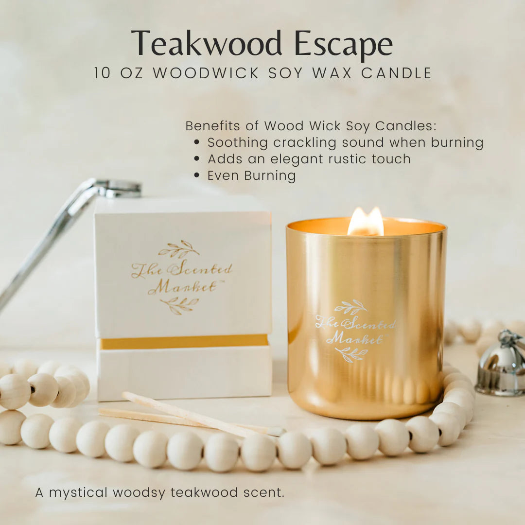 TEAKWOOD ESCAPE Wood Wick Candle 10 oz - The Scented Market 