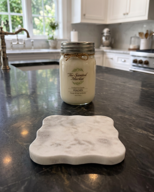 Scalloped White Marble Candle Coaster | Luxury Marble Candle Tray for Home Decor