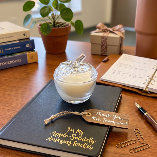 Candle in a glass holder on a notebook with a 'Thank You, Mrs. Thompson!' tag, surrounded by books and stationery on a desk.