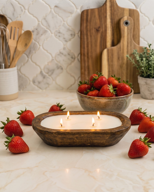 STRAWBERRY Brown Oval 4 Wick Dough Bowl Soy Candle