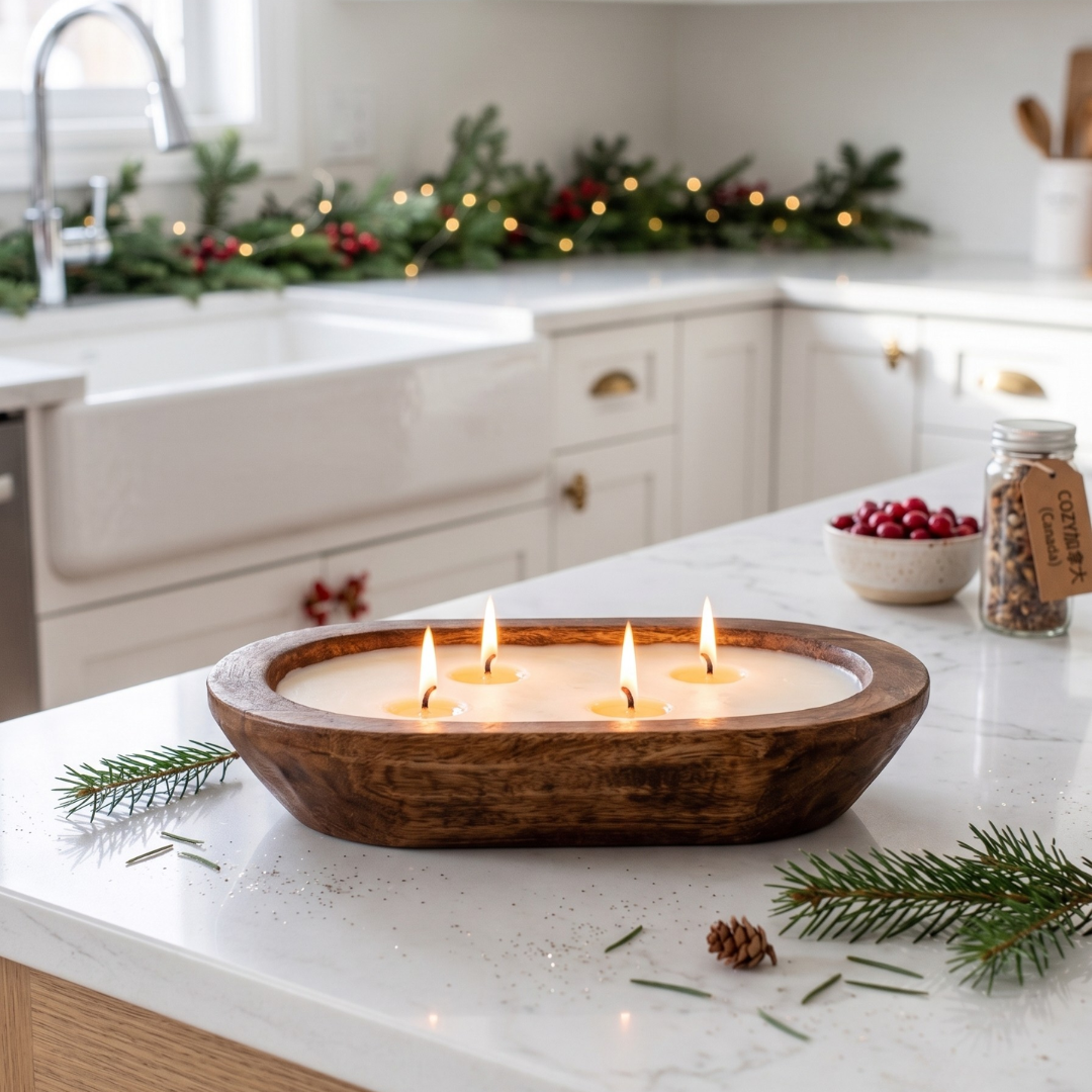 A three-wick wooden bowl candle holder filled with lit candles sits on a white kitchen island. The scene is decorated for Christmas with pine branches, a small bowl of red berries, and a jar of spices in the background.