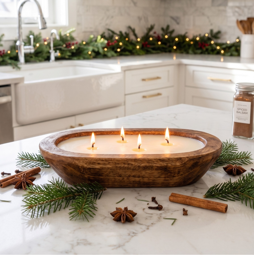 SPICED BALSAM Dough Bowl Soy Candle | Handcrafted 4 Wick Wooden Candle