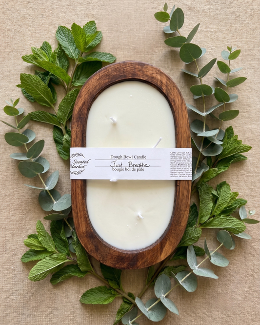 JUST BREATHE Dough Bowl Soy Candle | Handcrafted 4 Wick Wooden Candle