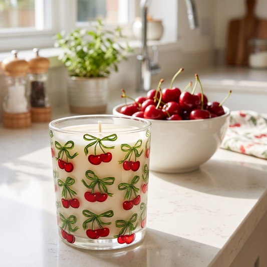 A clear glass candle jar printed with a red cherry and green bow pattern, filled with white wax, sits on a kitchen counter next to a bowl of fresh red cherries.
