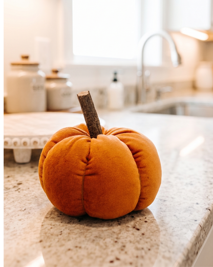 Velvet Orange Pumpkin | Decorative Fall Pumpkin with Wooden Stem | Autumn Home Décor