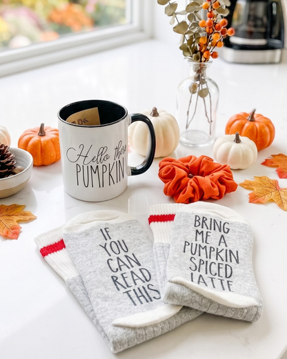 Fall Gift Bundle | Pumpkin Mug, Cozy Socks & Scrunchie Gift Set | Autumn Gift Box