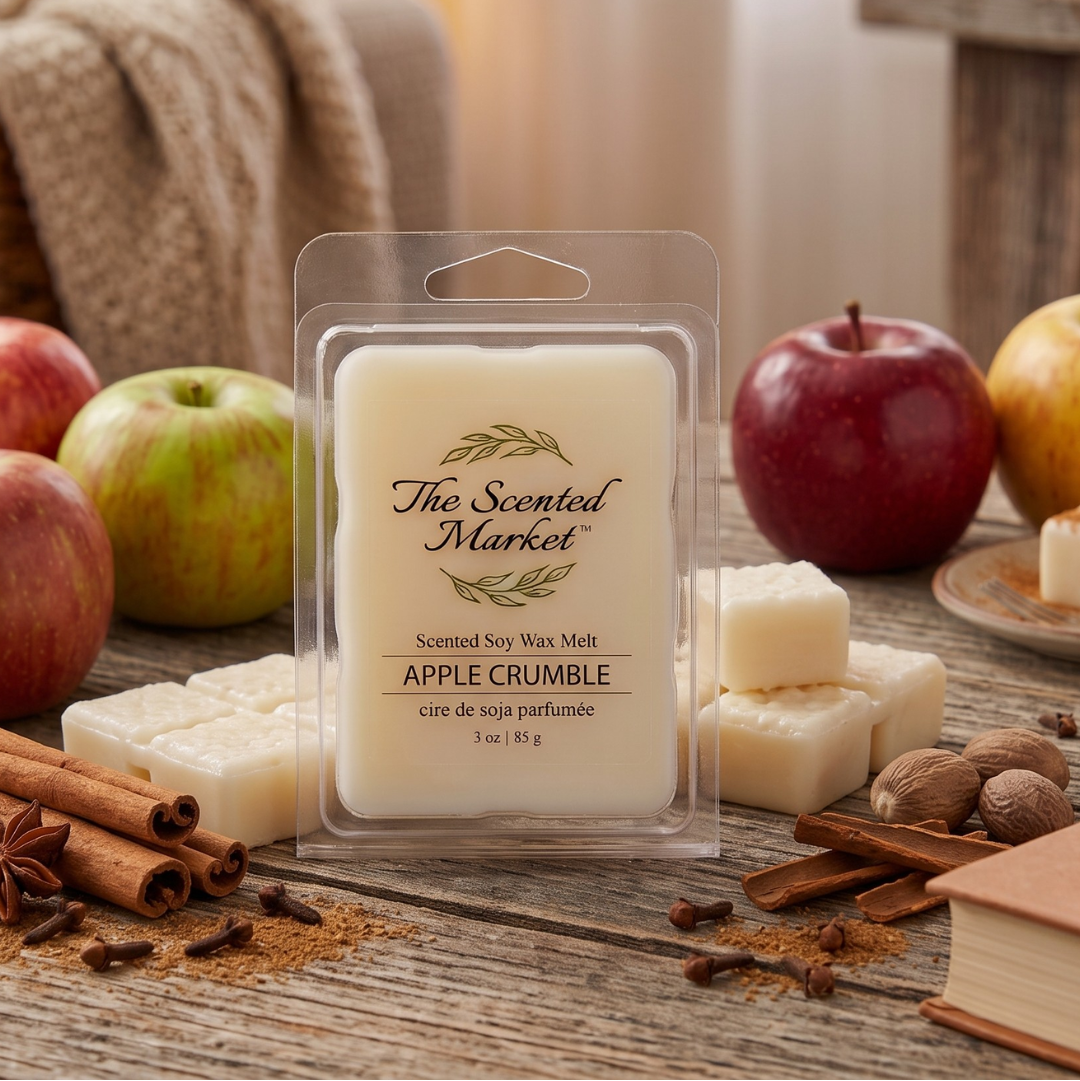 A packaged wax melt from The Scented Market labeled Apple Crumble, shown in a clear clamshell package on a rustic wooden table with apples, cinnamon sticks, cloves, and a cozy indoor background.
