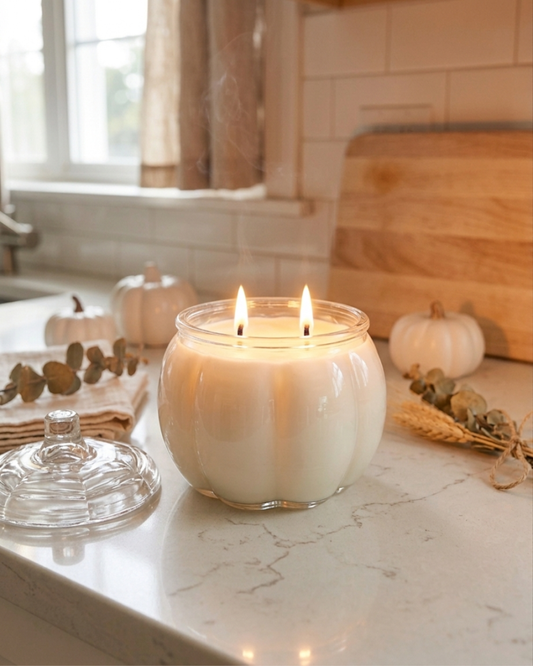 Glass Pumpkin Soy Candle | Pumpkin Spice Cake Scent | 2 Wick Fall Candle | Autumn Home Décor