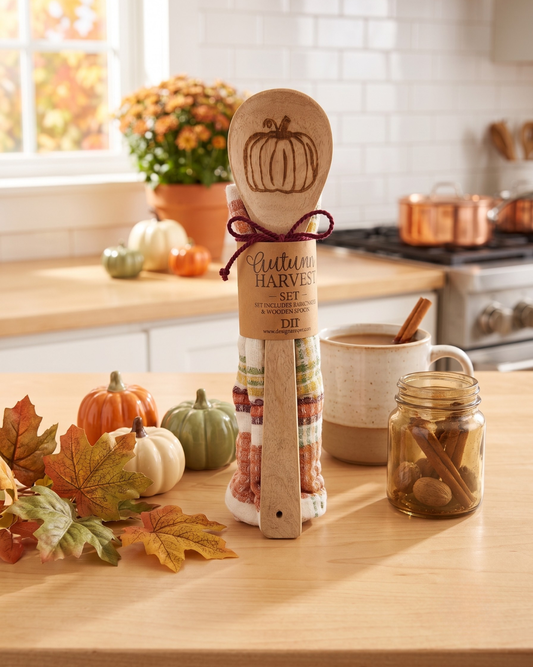 Pumpkin Wooden Spoon and Tea Towel - Fall themed