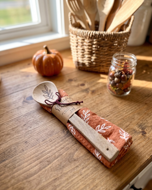 Wheat Wooden Spoon and Tea Towel - Fall themed