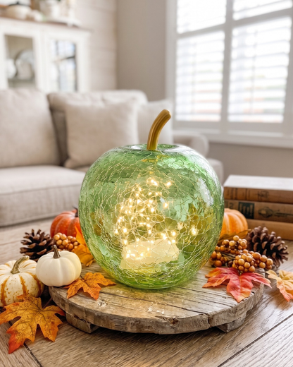 LED Light Up Glass Apple | Decorative Glass Apple with LED Lights - GREEN