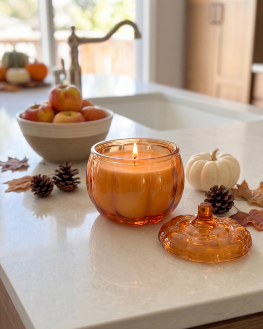 Small Glass Pumpkin Soy Candle ORANGE | Pumpkin Spice Cake | Decorative Fall Candle