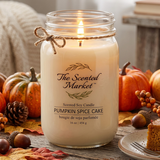 A lit scented soy candle in a clear glass mason jar with a twine bow, labeled 'The Scented Market Pumpkin Spice Cake,' set on a rustic table with pumpkins, leaves, acorns, and a slice of pumpkin pie nearby.