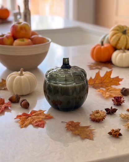 Small Glass Pumpkin Soy Candle GREEN| Pumpkin Spice Cake | Decorative Fall Candle