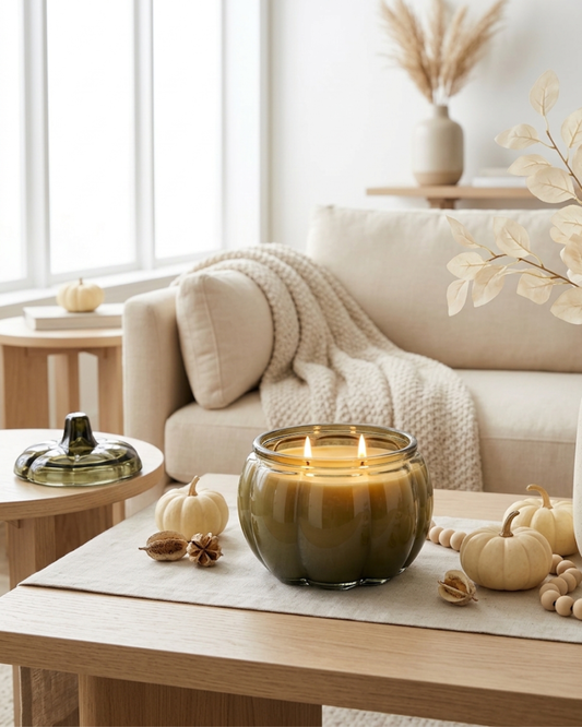 Glass Pumpkin Soy Candle GREEN | Pumpkin Spice Cake | Decorative Fall Candle