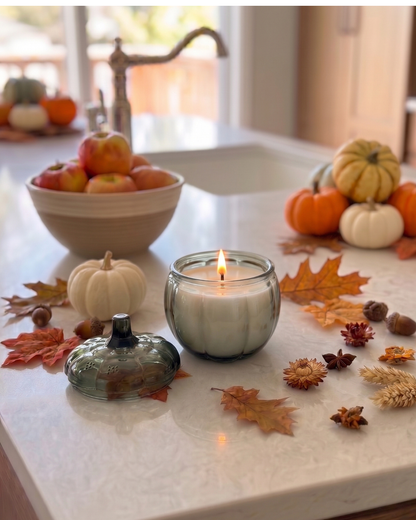 Small Glass Pumpkin Soy Candle GREEN| Pumpkin Spice Cake | Decorative Fall Candle