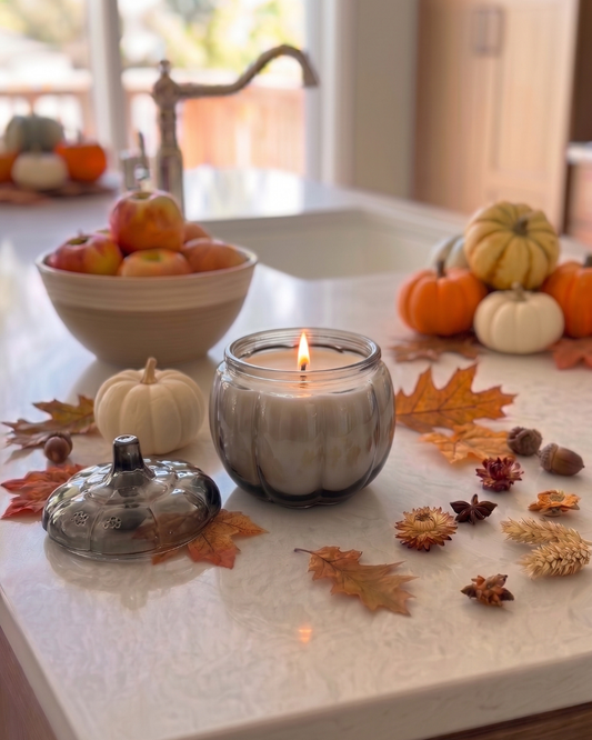 Small Glass Pumpkin Soy Candle BROWN | Pumpkin Spice Cake | Decorative Fall Candle