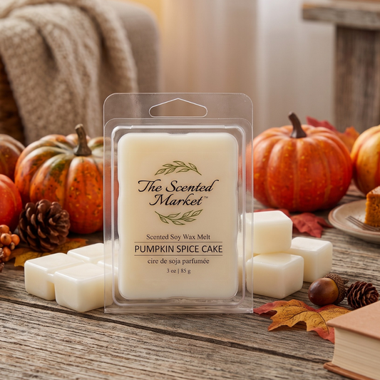 A packaged scented soy wax melt from The Scented Market labeled 'Pumpkin Spice Cake' stands on a rustic wooden table surrounded by pumpkins, pinecones, leaves, and a cozy indoor background.