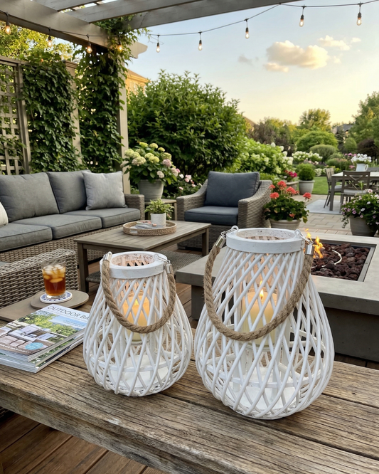 SUMMER NIGHTS Wooden Lantern Candle Set – Outdoor Lantern 2 Pack (White)