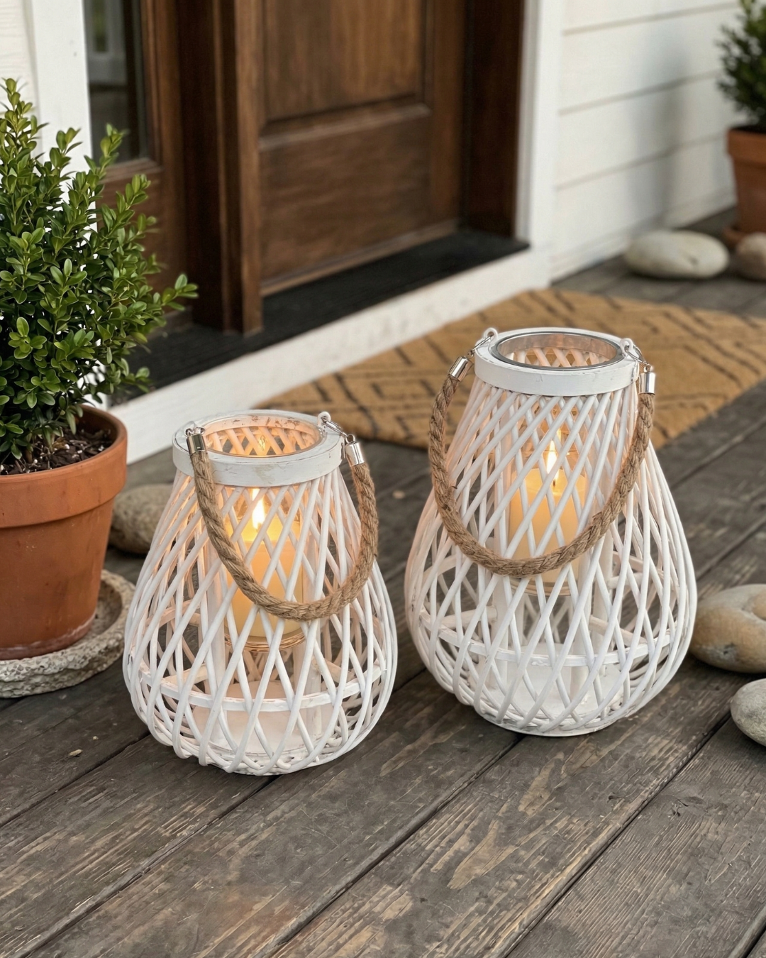 SUMMER NIGHTS Wooden Lantern Candle Set – Outdoor Lantern 2 Pack (White)