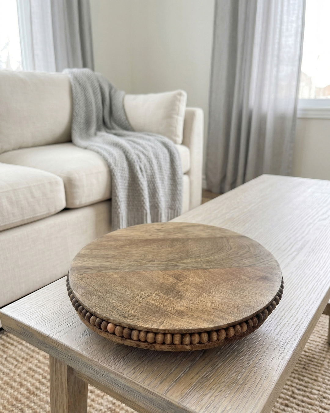 Wood Beaded Round Stand – Decorative Candle Display Tray