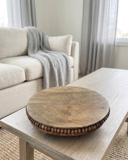 Wood Beaded Round Stand – Decorative Candle Display Tray