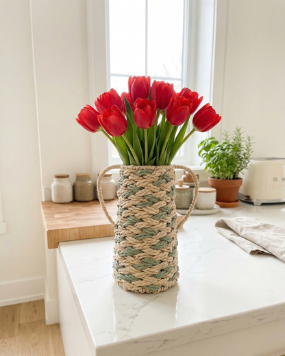 Sage Green Rope Vase with Handles – Decorative Rustic Home Decor Vase