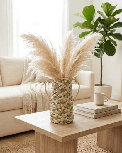 Sage Green Rope Vase with Handles – Decorative Rustic Home Decor Vase
