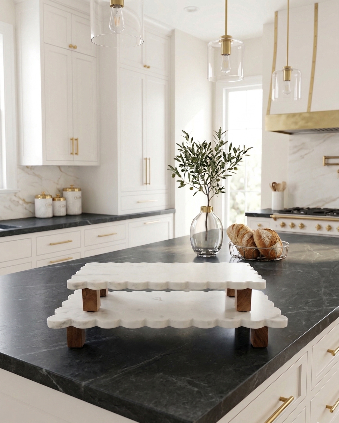 Large Scallop Marble & Acacia Wood Serving Tray – Heavy Marble Candle Display Board