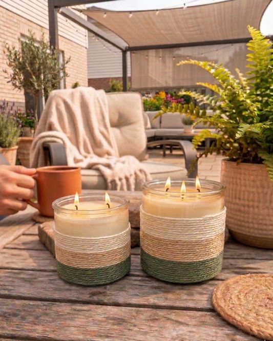 SUMMER NIGHTS Rope Glass Candle – XL 3 Wick Soy Candle (Beige, Cream & Sage Green)