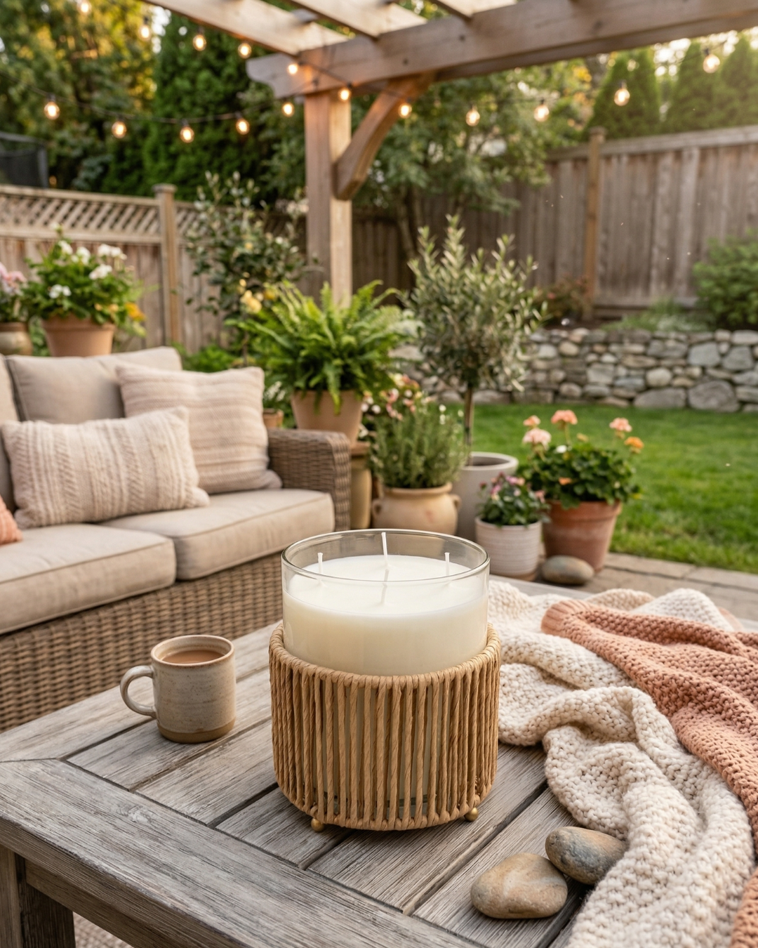 SUMMER NIGHTS 4 Wick Hurricane Candle – Outdoor Glass Holder with Metal & Grass Base