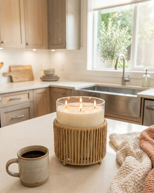 SUMMER NIGHTS 4 Wick Hurricane Candle – Outdoor Glass Holder with Metal & Grass Base