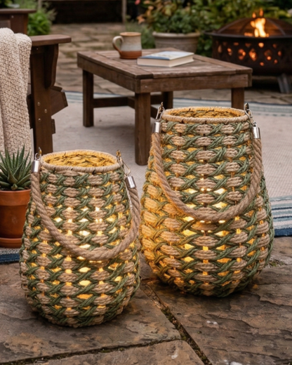SUMMER NIGHTS Rope Lantern Candle Set – 2 Pack (Sage Green & Beige)