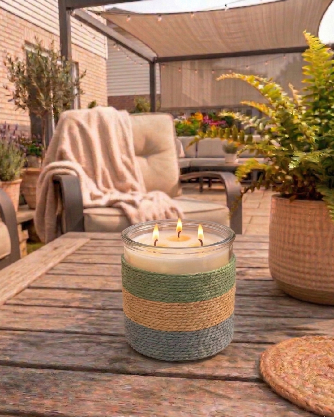 SUMMER NIGHTS Rope Glass Candle – XL 3 Wick Soy Candle (Green, Blue, Clay)