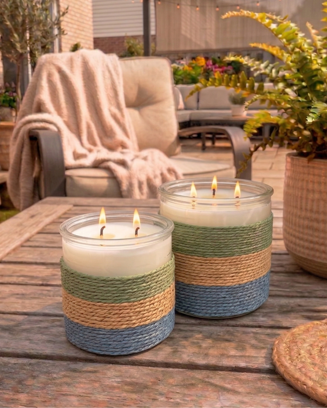 SUMMER NIGHTS Rope Glass Candle – Large 2 Wick Soy Candle (Green, Blue and Clay)