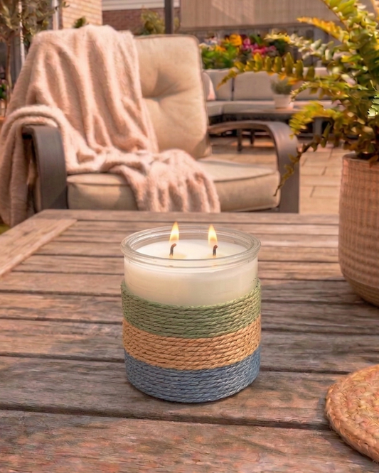SUMMER NIGHTS Rope Glass Candle – Large 2 Wick Soy Candle (Green, Blue and Clay)